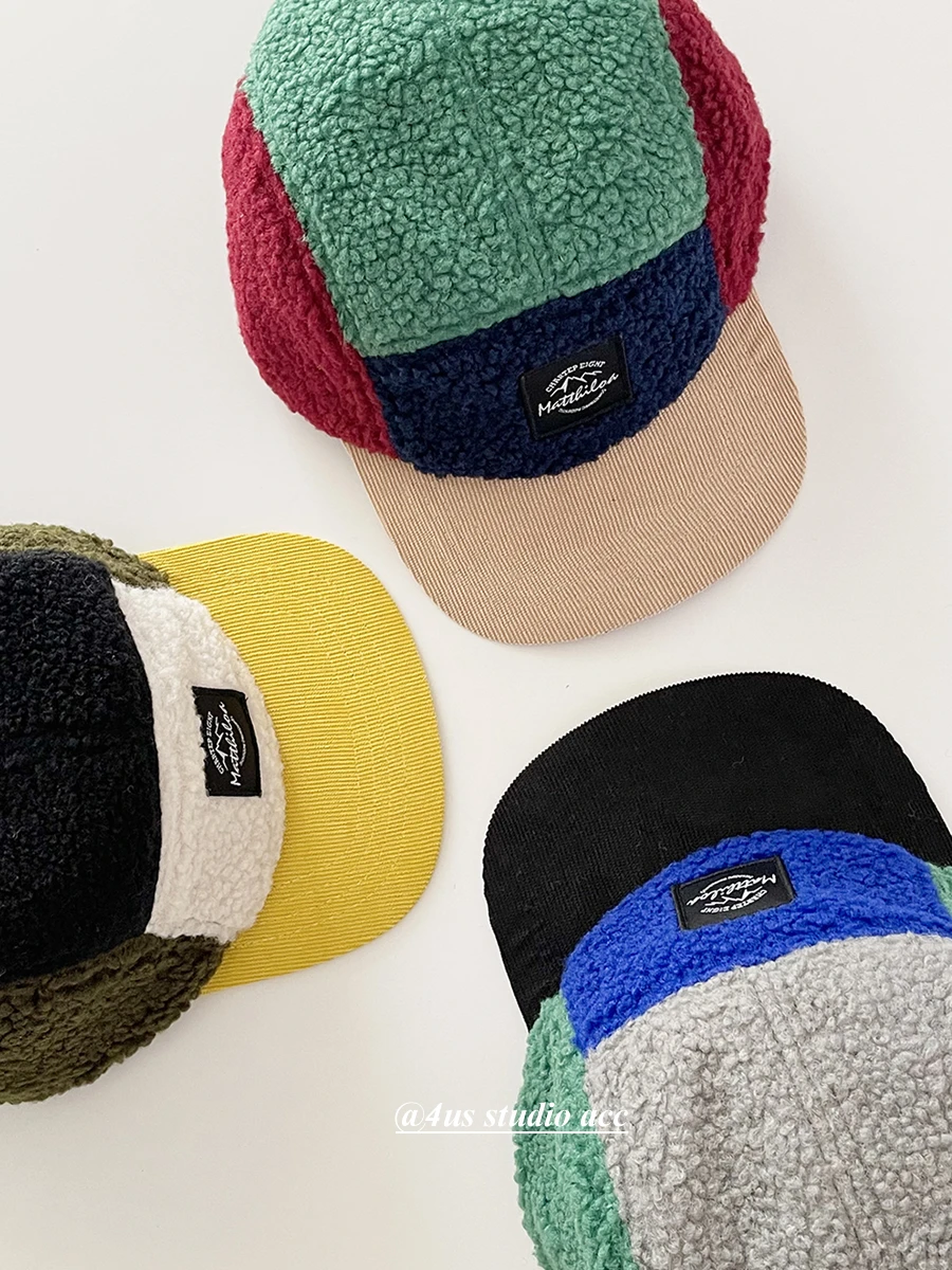 

five-piece hat women's Korean version color matching flat-brimmed lamb wool baseball cap men's trendy big head circumference cap