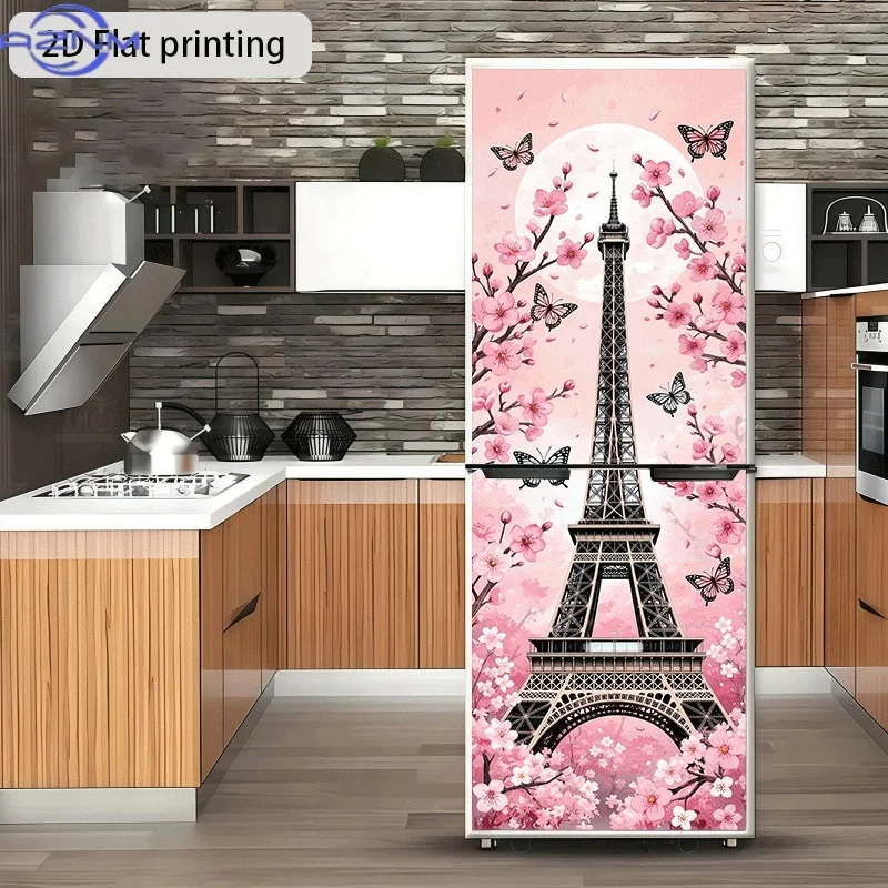of Pink Cherry Blossom Eiffel Tower Butterfly Dance Themed Design Wall Sticker, Self-Adhesive Wallpaper Suitable for Cabinets