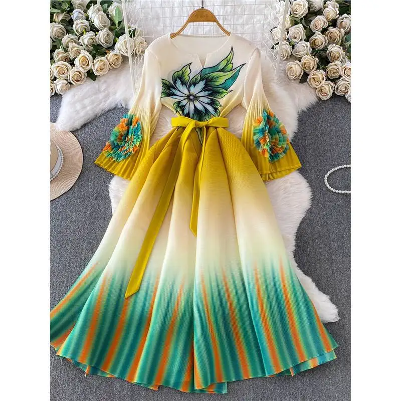 2026 Miyake Gradual Change Printed Dress Women's Three-dimensional Flower Long-sleeved V-neck Waist Lace-up Long Pleated Skirt