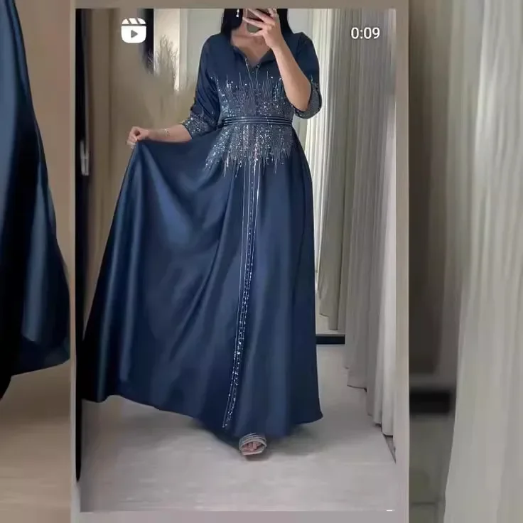 Fashion Diamond Evening Dress Abaya Dubai Muslim Satin Dress for Women Dinner Robe Muslim Dress Women Clothes for Muslim Women