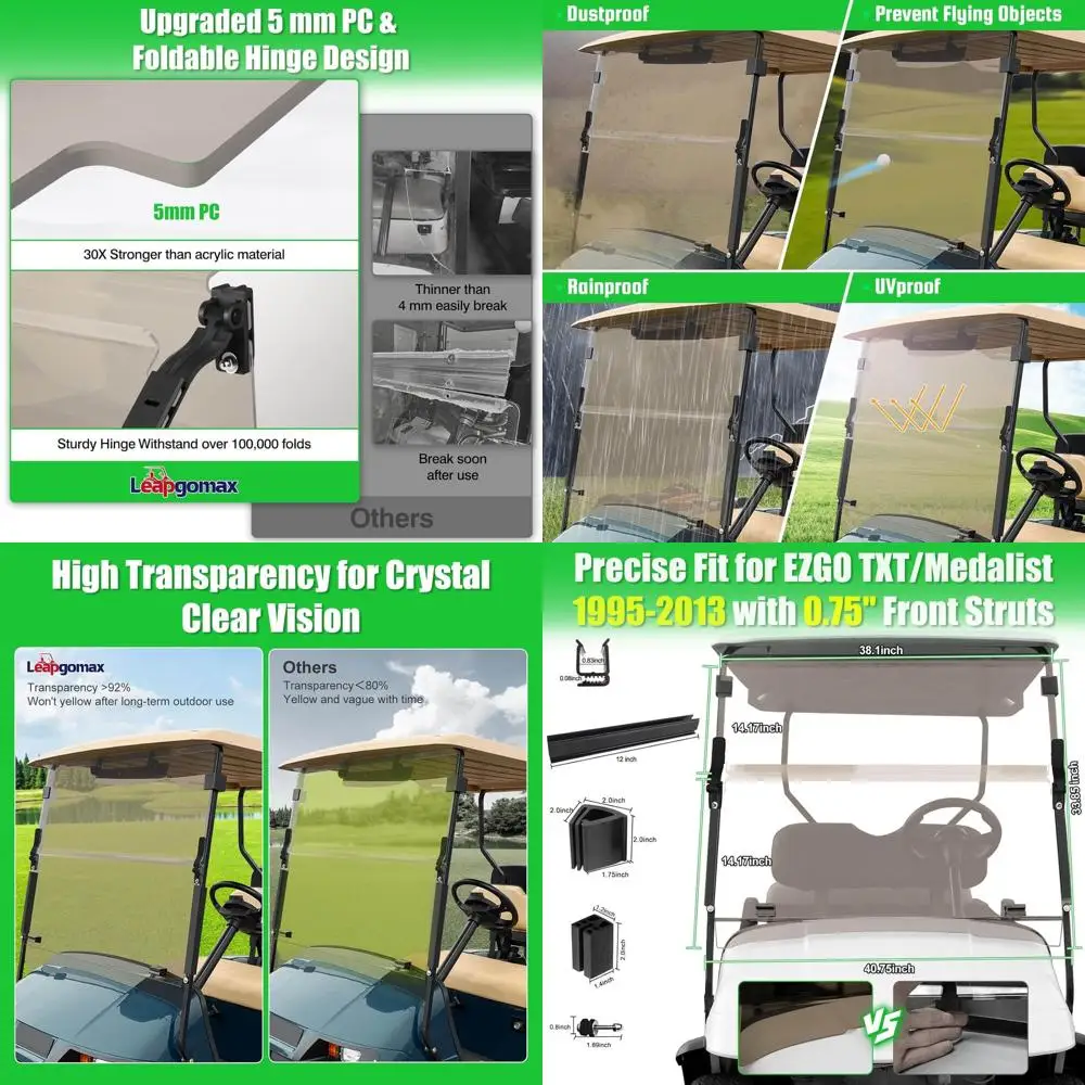 

Ветровое стекло для гольф-кара EZGO, улучшенное, толщиной 5 мм, с усиленными петлями, только для моделей 1995-2013 EZGO TXT/Medalist с шарнирами 0,75 дюйма.