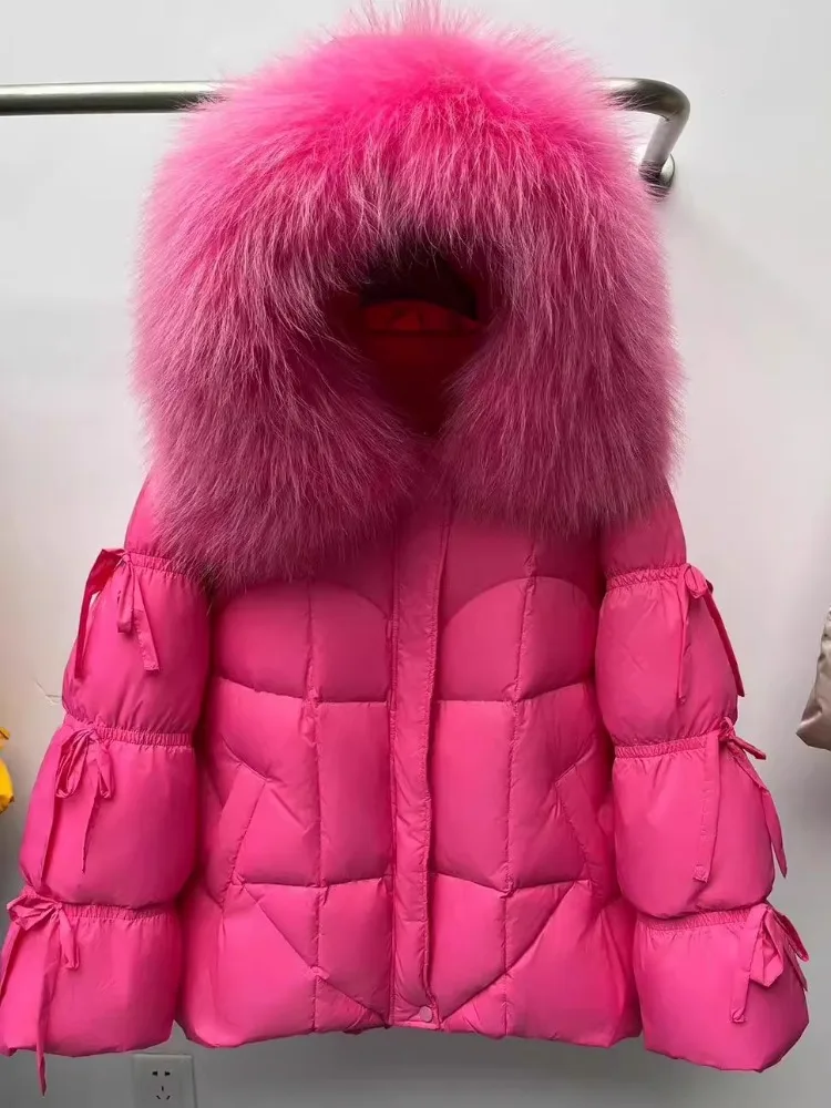 Unten Jacke Neue Winter Große Echtpelz Mit Kapuze Puffer Jacke Frauen Dicke Warme Gestrickte Hülse Mantel Weiße Gans Unten Mid Lange Parka
