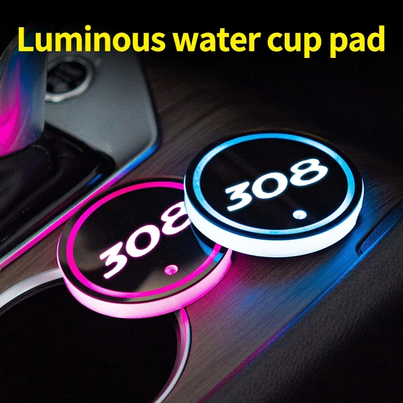 

LED car water cup mat drink holder for Peugeot 308 emblem auto interior decorative lights