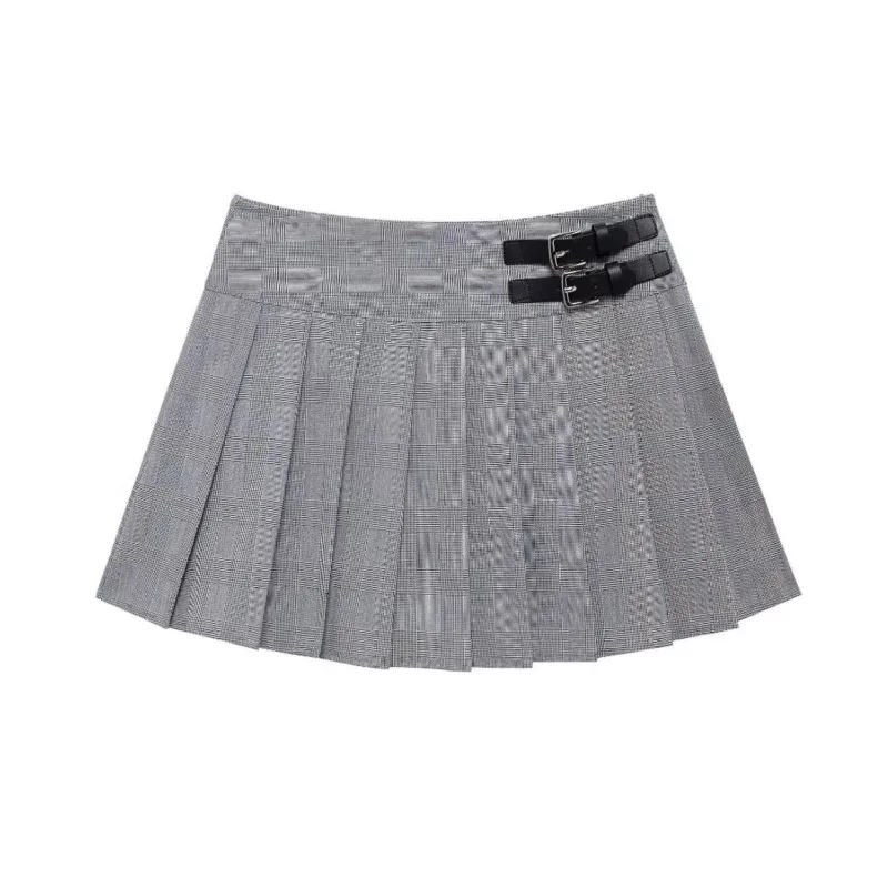 

TRAF Pleated Skirt for Women Autumn Belt Decoration Casual Skirt Side Zipper JK Mini Skirt Fashionable Pleated Skirts