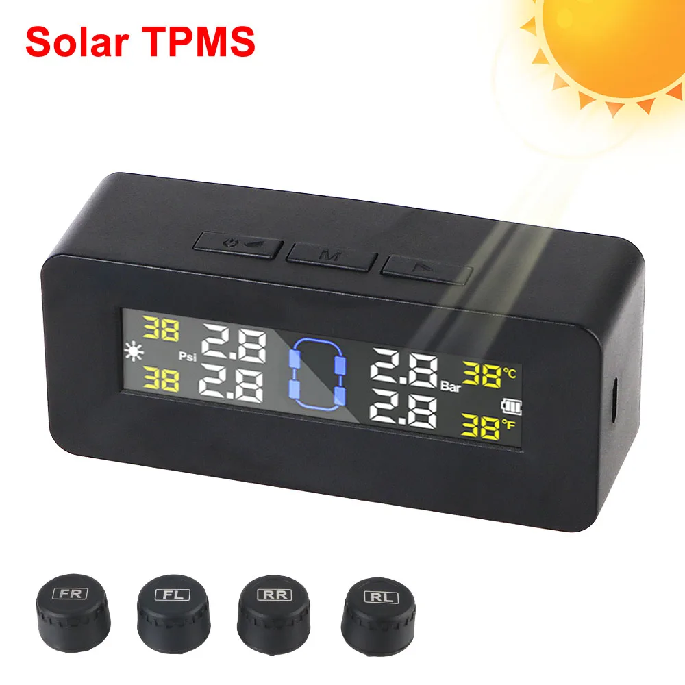 Car TPMS Solar/USB Powered Tire Pressure Monitoring System Digital LCD Display Auto Security Alarm Systems