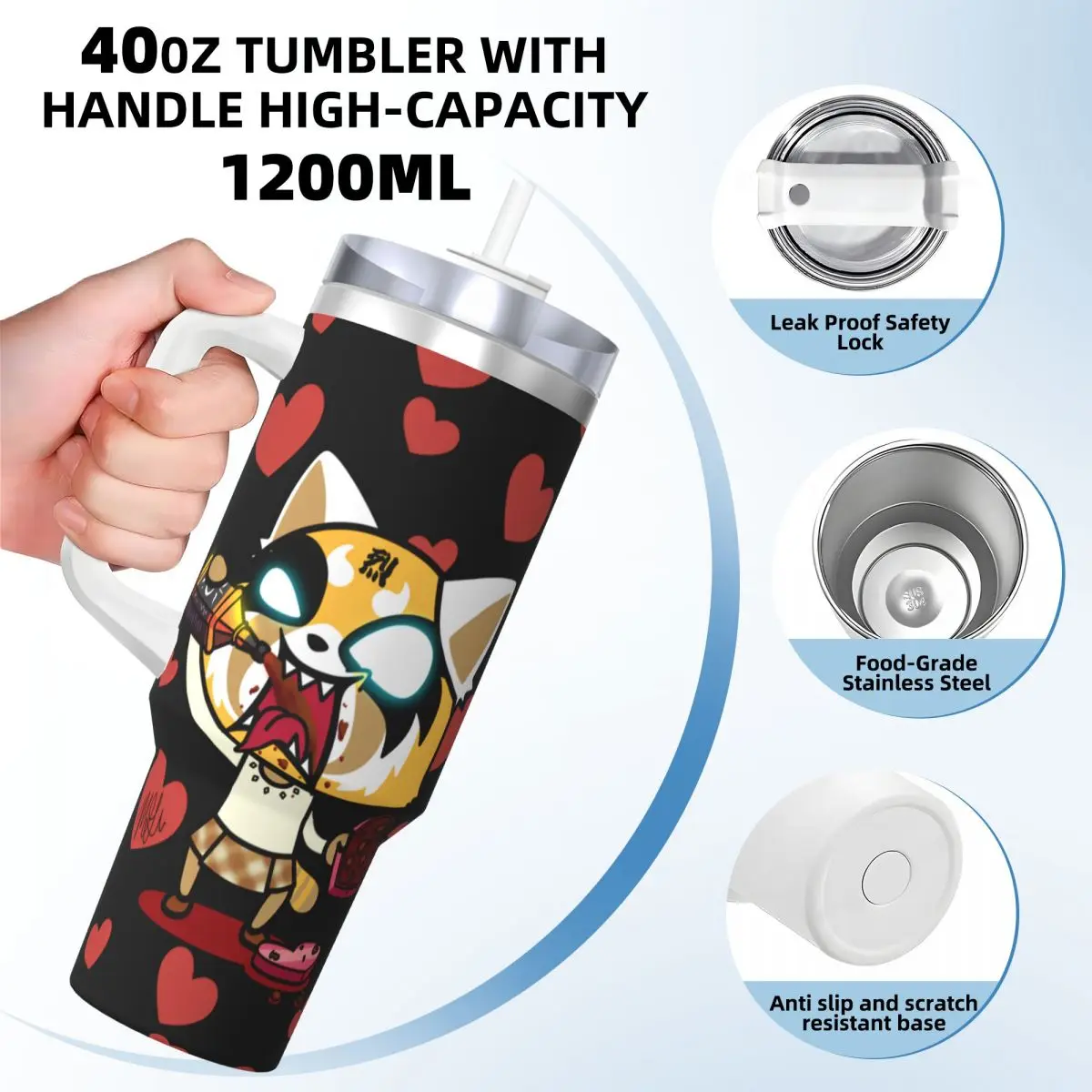 Stainless Steel Tumbler Sanrio Aggretsuko Mugs Cup With Straws Camping Cold Drink Water Bottle Portable Large Thermal Mug