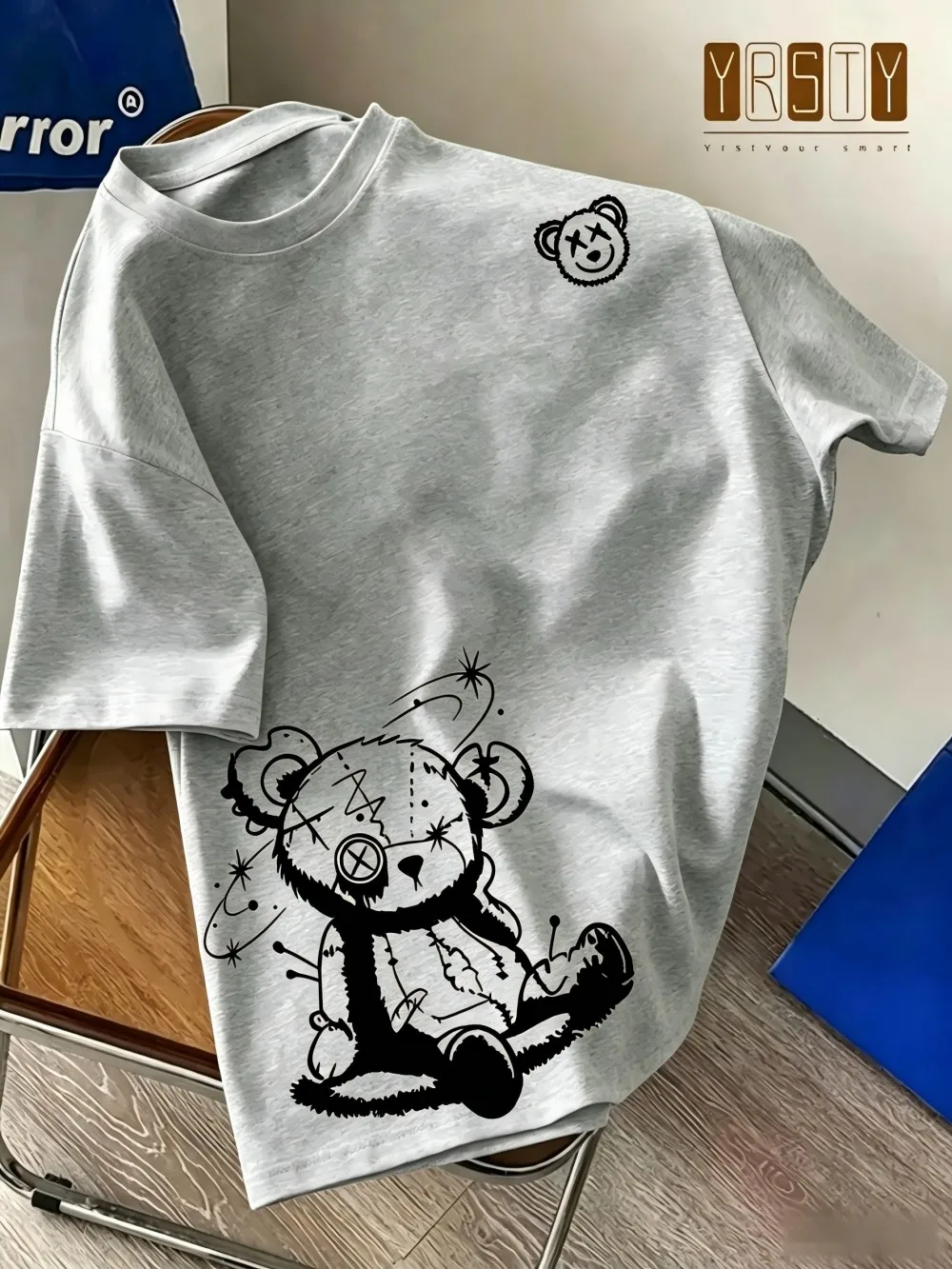 European and American men's summer cool teddy bear print comfortable and breathable round neck T-shirt outdoor casual top