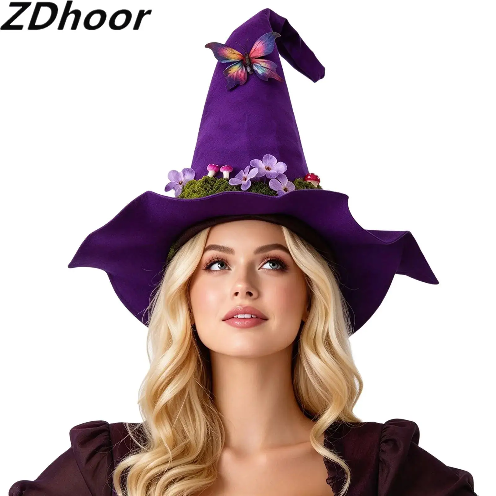 Unisex Adults Halloween Felt Witch Hat with Moss Flowers And Butterfly Decoration Halloween Role-playing Theme Party Accessories