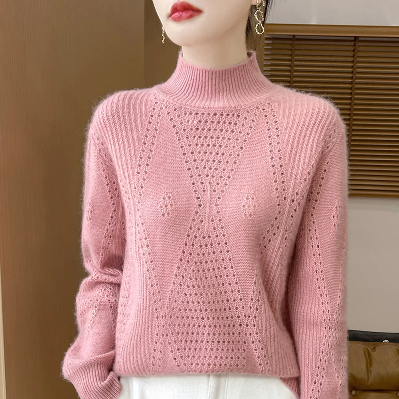 Autumn/Winter New 100% Wool Sweater Thickened Women's Casual Solid Color Knitwear Loose Half High Neck Blouse Fashion Tops