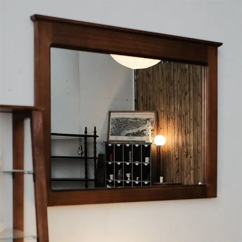 American coffee shop decorative mirror wall-mounted square solid wood bathroom mirror