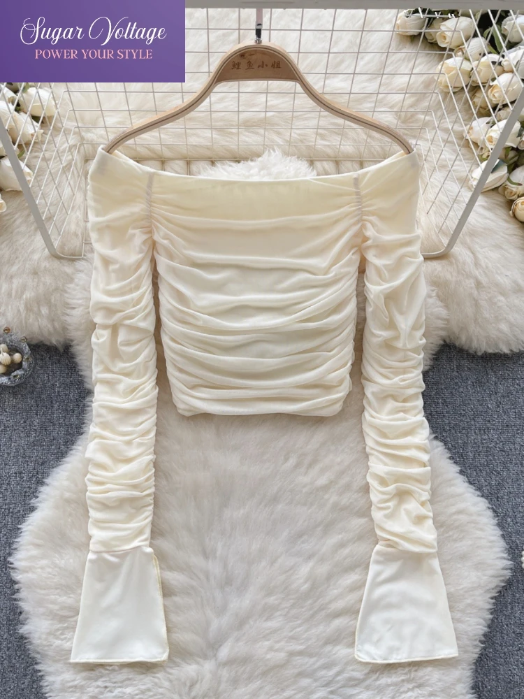 

Осенние Франция, винтажные элегантные шикарные топы, женские облегающие плиссированные рубашки с длинным рукавом и разрезом на шее, повседневные модные офисные женские блузки