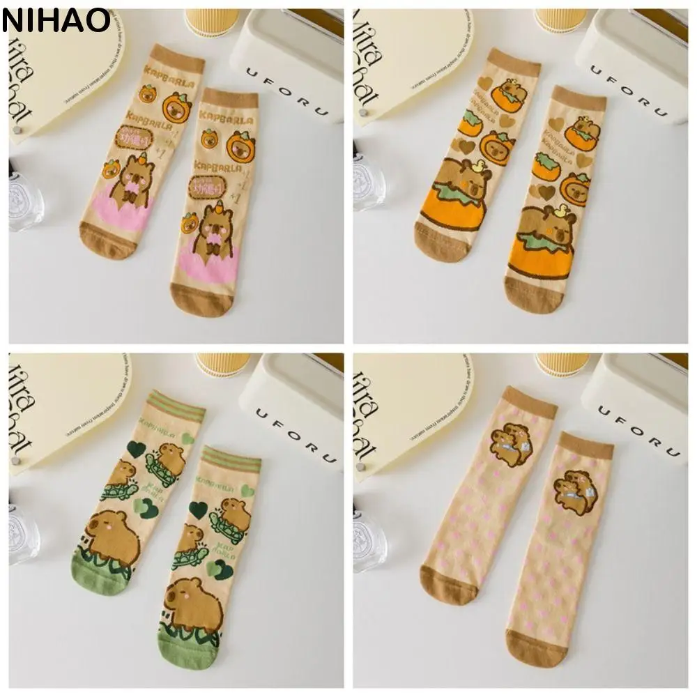 3Pairs Cute Stripe Capybara Tube Socks Letter Patchwork Cotton Mid-calf Socks Funny Anti-slip Socks Women Streetwear