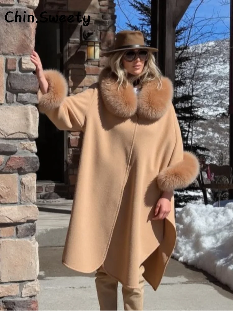 

Элегантное женское шерстяное пальто с меховым воротником, свободное пальто с лацканами и длинными меховыми рукавами, осень-зима 202, женская теплая верхняя одежда, новинка
