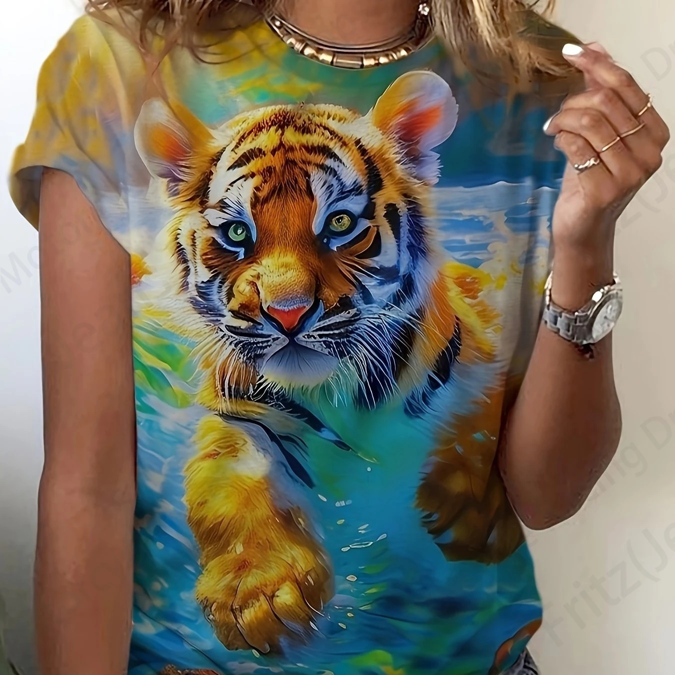 Summer Women T-shirt 3d Tiger Print Tshirt Women Fashion T-shirt Casual Crew Neck Short Sleeve T Shirt Animal Tops Tees Floral