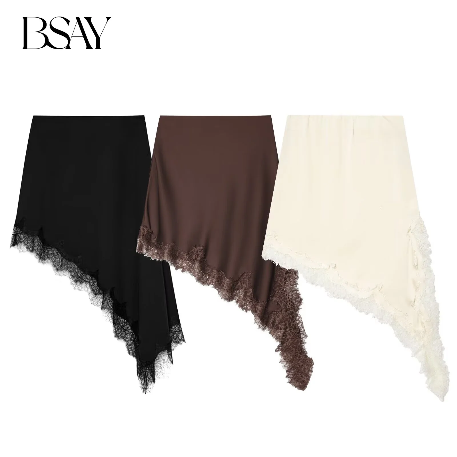 BSAY Gonna asimmetrica in raso con giunture in pizzo Moda donna Autunno Inverno Nuovo marrone Chic femminile a vita alta Gonne eleganti Mujer
