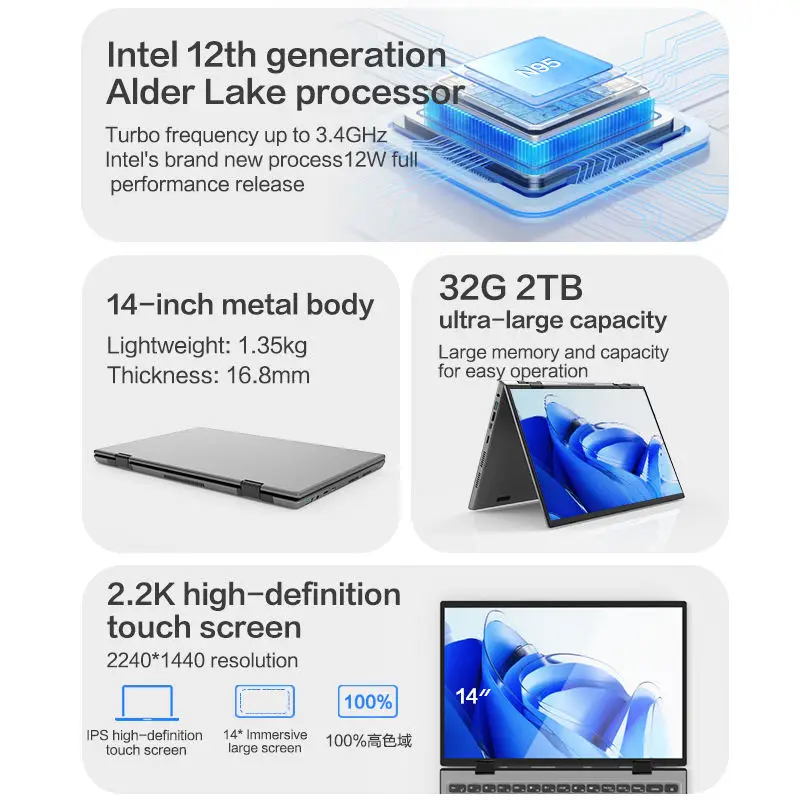 2025 nueva pantalla táctil de 14 pulgadas 2 en 1 Yoga Notebook PC N95 16GB 32GB DDR4 256/512 GB 1TB 2TB SSD Win 11 ordenador portátil
