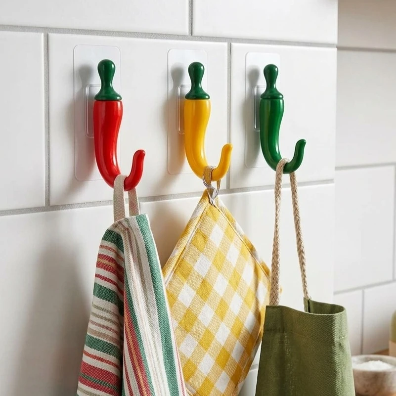 3-60PCS Chili Pepper Wall Hook Adhesive No Drill Organizer for Kitchen Key Hanger Utility Storage Home Decor Entryway