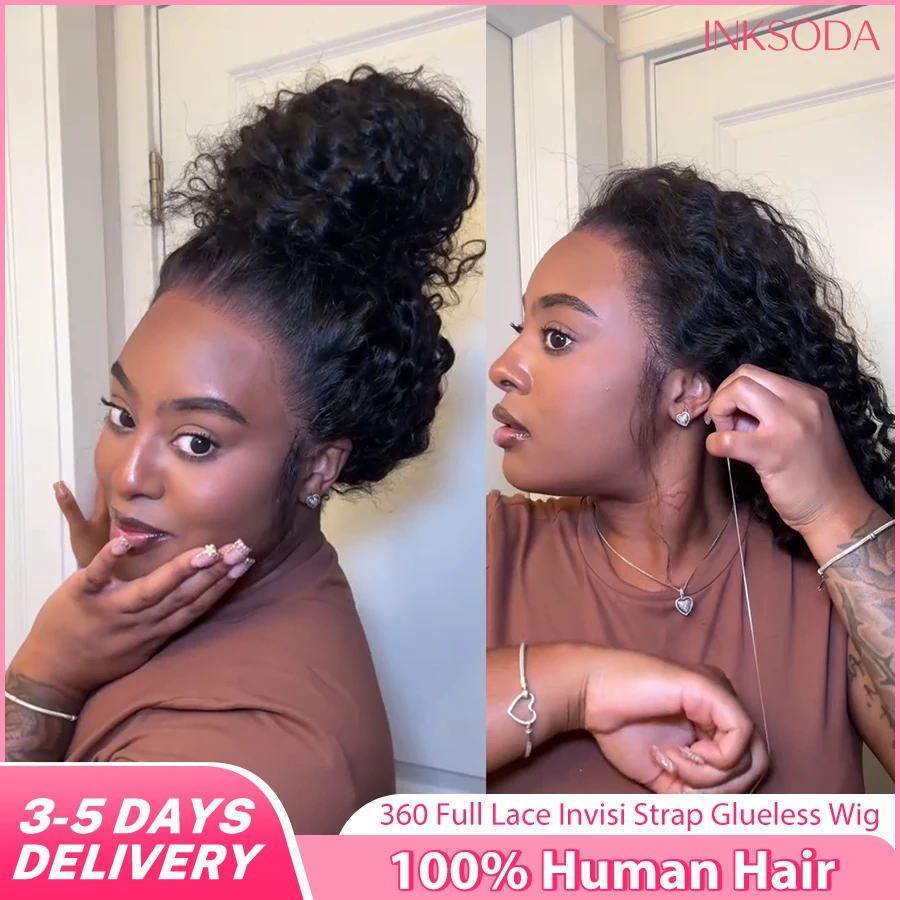 

Невидимый парик 360 HD с кружевной передней частью из натуральных волос, глубокие кудри, предварительно выщипанный, парик 360 с полным кружевом, без клея, глубокая волна