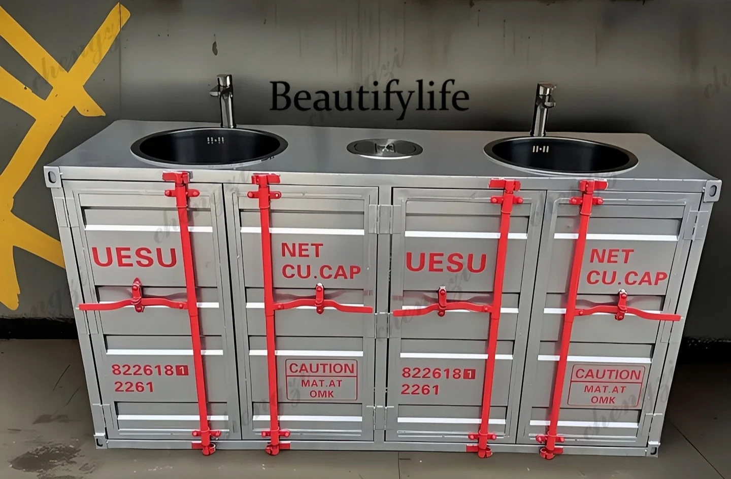 B567 Container industrial style washbasin cabinet, vintage washbasin for restaurants, double washbasin