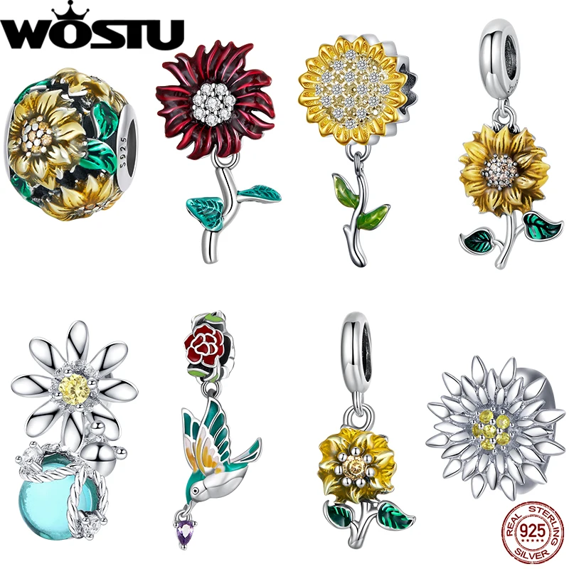 WOSTU 925 Sterling Silver Charm Lucky Daisy Flower Sunflower Beads Fit Original Bracelet Pendant For Jewelry DIY Accessories