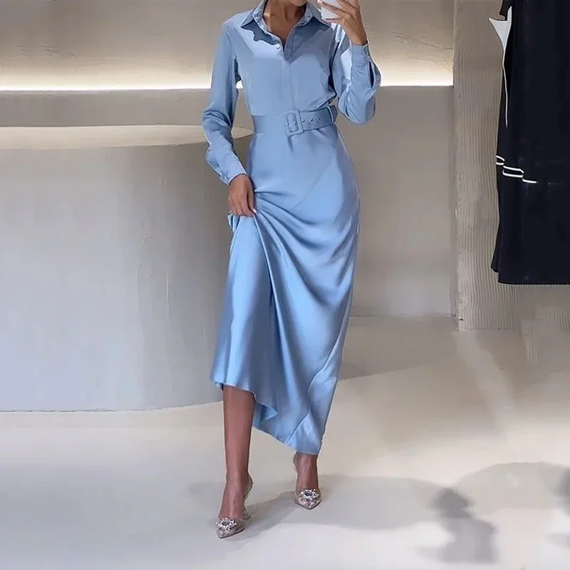 

Women Maxi Dress Autumn Fashion Office Solid Lapel Long Sleeve Nipped Waist with Belt Formal Occasion Dresses