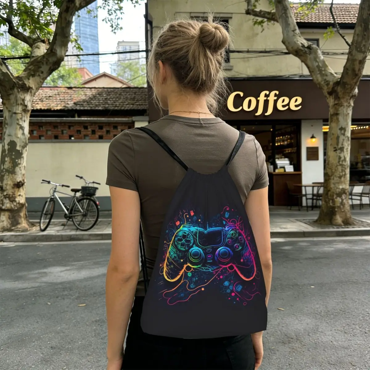 Neon Light Game Controller Gamepad Backpacks Portable Drawstring Bags Sports Bag Book Bags for Travel School