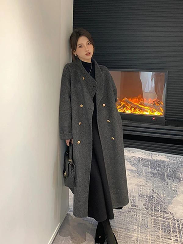 

Gray Double-Sided Cashmere Coat Women's 2025 Winter New Korean Style Metal Buckle Lazy Style Stand Collar Woolen Outerwear