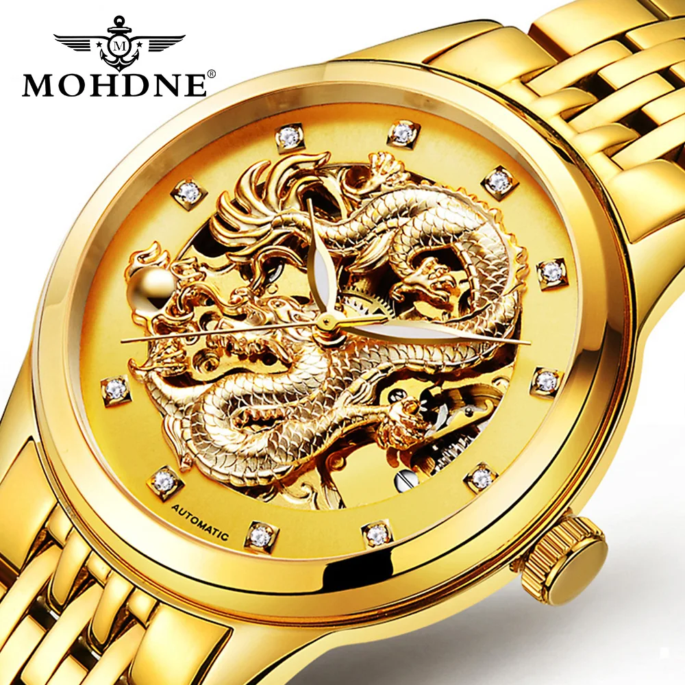 MOHDNE Brand Luxury Automatic Mechanical Watches for Men Gold Dragon Watch Male Clock Waterproof Unique Gift Relogio Masculino