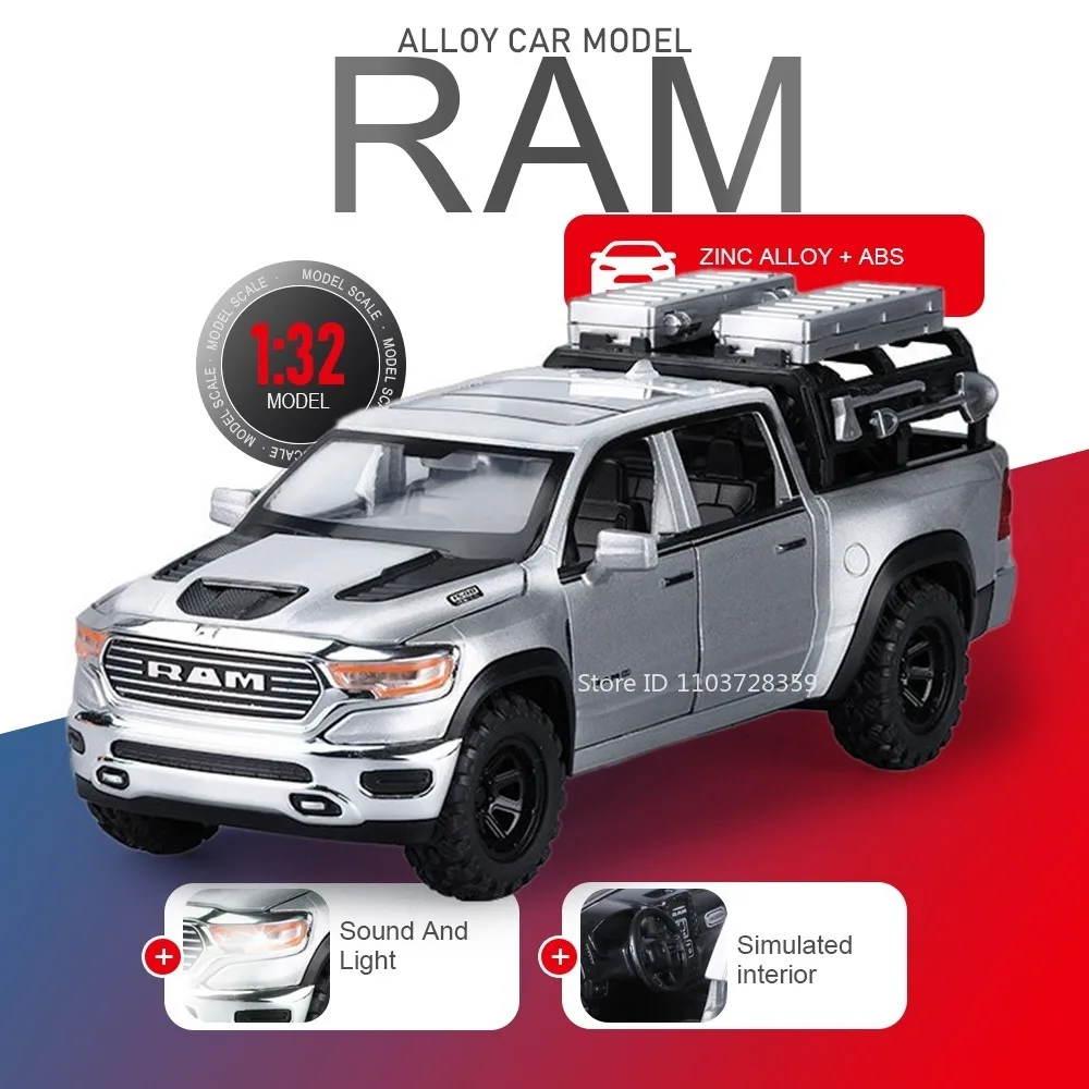 

1:32 RAM Tacoma Model Pickup Toys Metal Diecast Miniature Off-road Vehicles Sound Light Pull Back Doors Opened Office Decoration