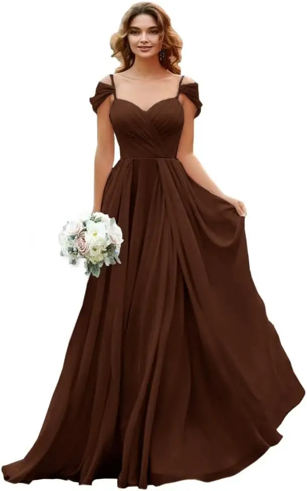 Szyfonowe sukienki dla druhen z odkrytymi ramionami, eleganckie sukienki dla kobiet, plisowane sukienki w kształcie litery A, długie sukienki dla gości weselnych z kieszeniami.