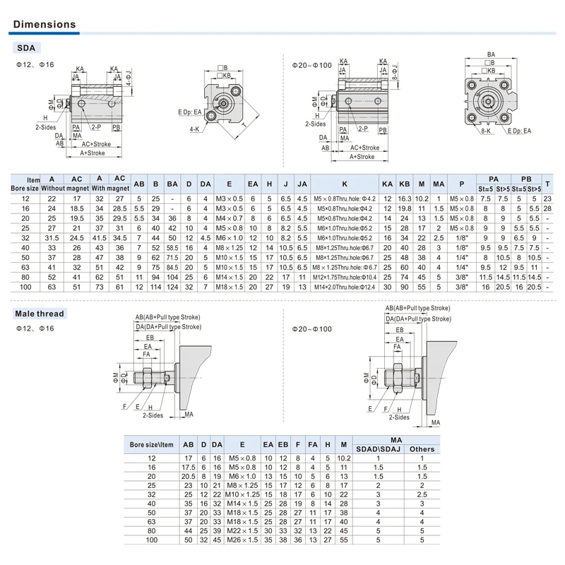 Sda16 20 25 32 40 50 63 80 100mm furo cilindro de ar fino compacto 5-100mm curso cilindro pneumático de alumínio de ação dupla