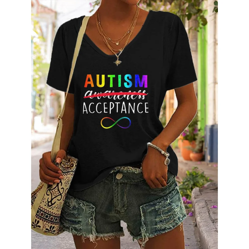 

Rheaclots Women's Autism Awareness Acceptance Rainbow Print V-Neck Short Sleeve T-Shirt