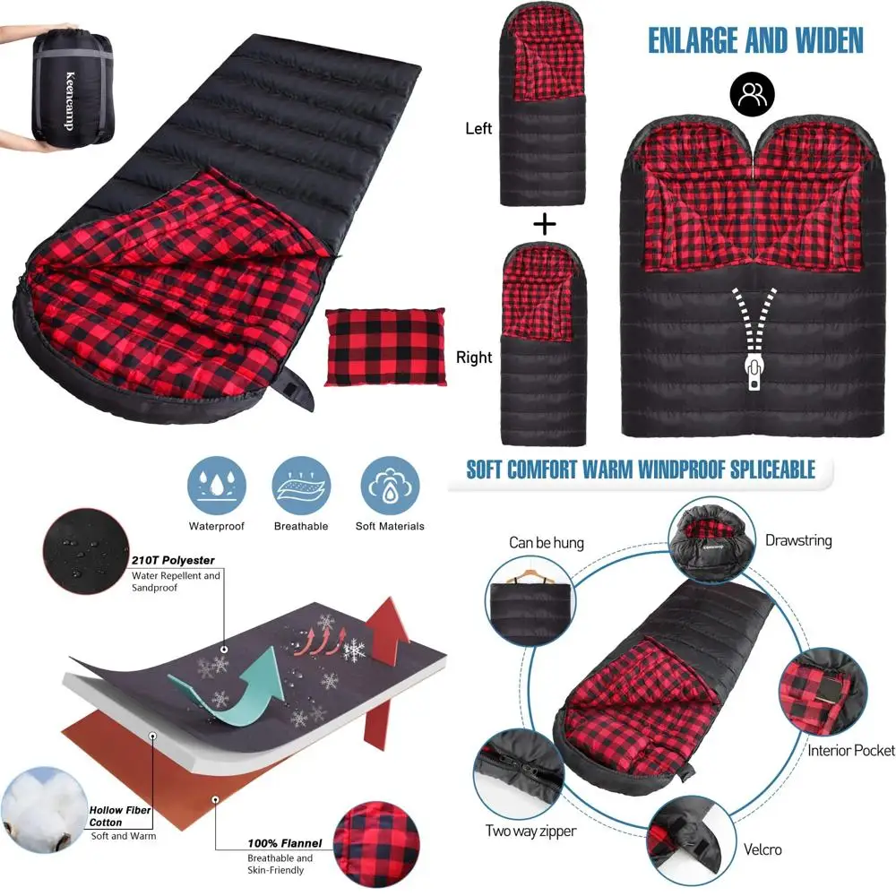 

4-Season Adult XXL Cotton Flannel Sleeping Bag for Cold Weather - Big and Tall with Pillow, Compression Packable