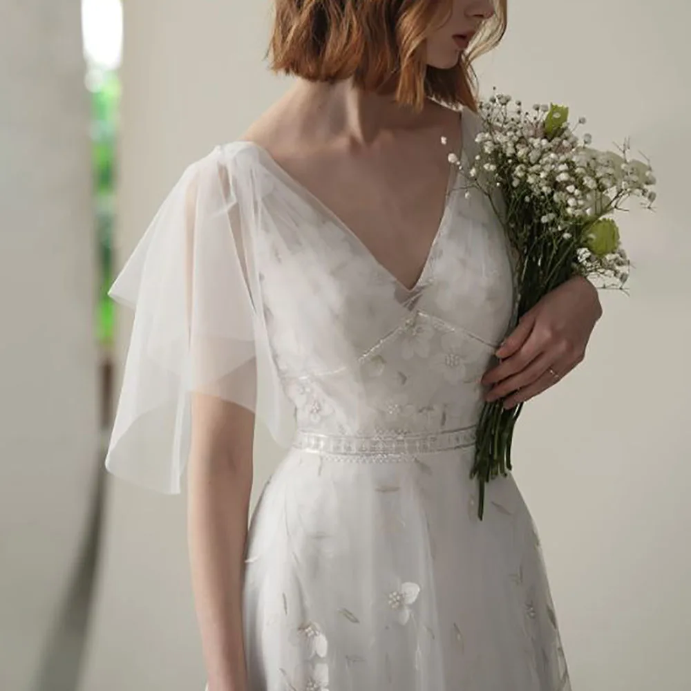 Robe de Mariée Trapèze en Tulle et Dentelle, Col en V, Manches Volantes, Book ine Longueur, Perles, Traîne