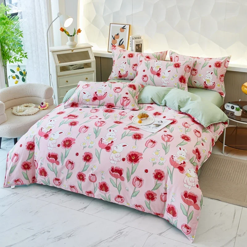 Cute Cartoon Bunny Duvet Cover Twin, 4Pcs Soft Cotton Rabbit Botanical Floral Bedding Set Reversible Farmhouse Comforter Cover