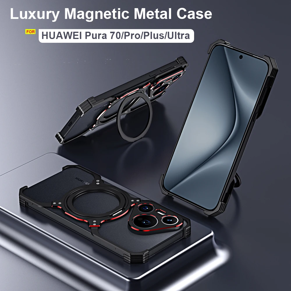 For Huawei Pura 70 Pro Plus Ultra Metal Bumper Case Magnetic Aluminum Alloy Cover Hollow out Stand Can magsafe charge Skin Funda