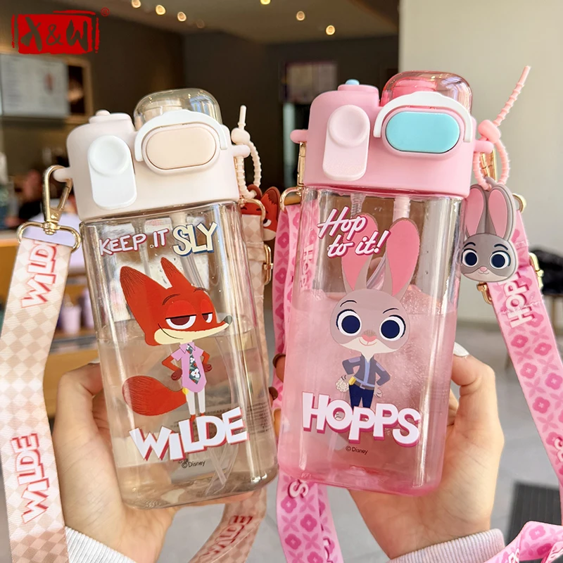 X&W Spray Water Bottle 570ML Cartoon Judy Nick Square Double Drinking Cup Summer Portable Outdoor Sports Straw Cup Cold drink