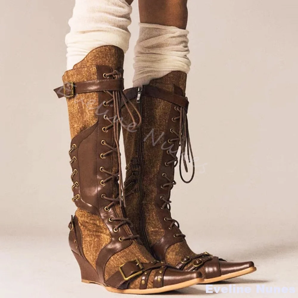 

Ковбойские сапоги на шнуровке в стиле ретро в стиле панк, женские длинные сапоги до колена с острым носком и пряжкой на танкетке, новые летние сапоги до колена с боковой молнией