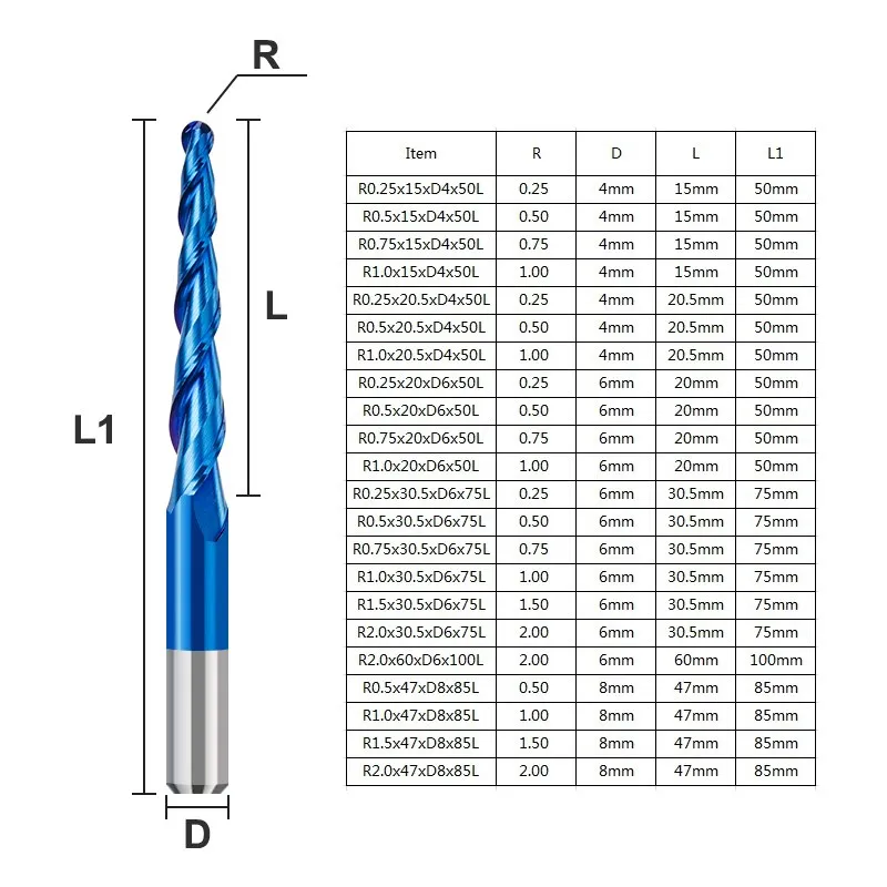 XCAN Ball Nose Tapered End Mills R0.25-R2.0 Solid Carbide CNC Router bites HRC65 Nano Blue Coating Metal Wood Engraving Bit