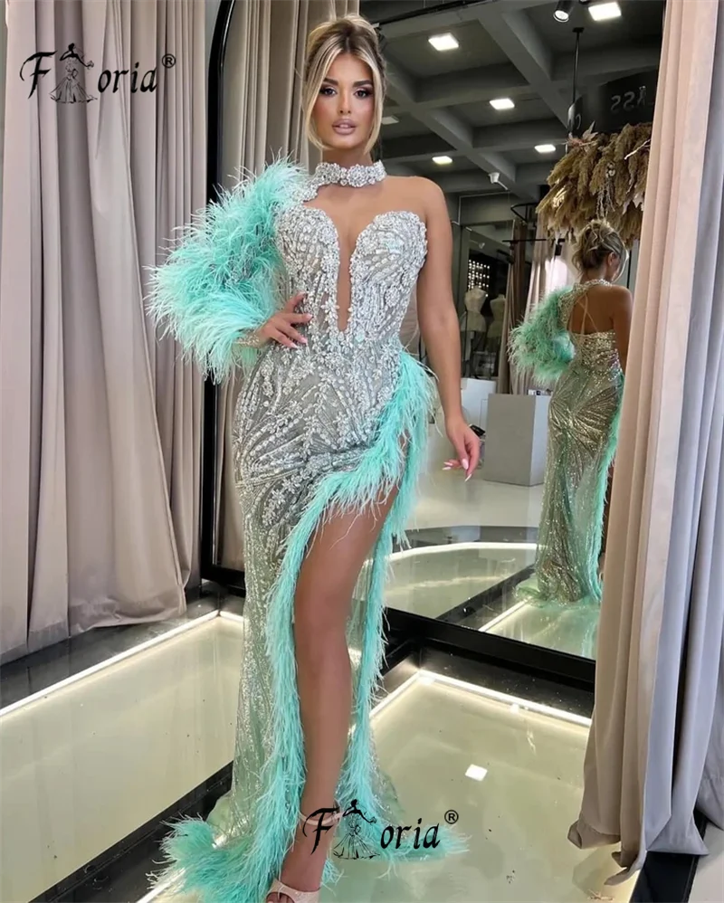 Couture Mint Green Beaded Feather Evening Dresses Crystal High Slit Celebrity Red Carpet Gowns Formal Occasion Dress Vestidos