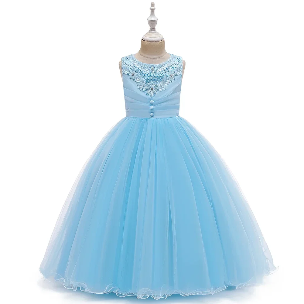 6 Colors 110cm-160cm Autumn Girl Dress Princess Children Skirt Wedding Ball Gown Sleeveless Performance Vestidos