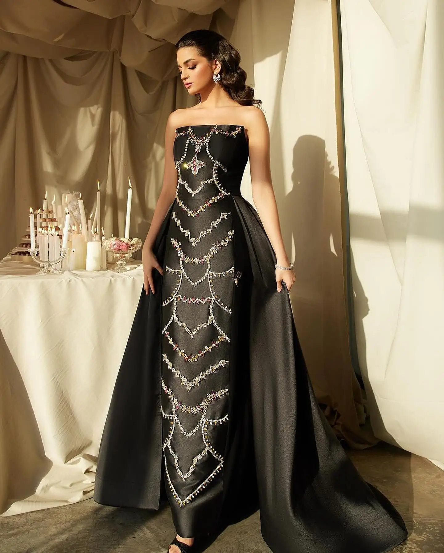 Customized Satin Straight Crystal Evening Dress Strapless Floor Length Sleeveless Lace Up Back Panel Train Graceful Prom Gowns