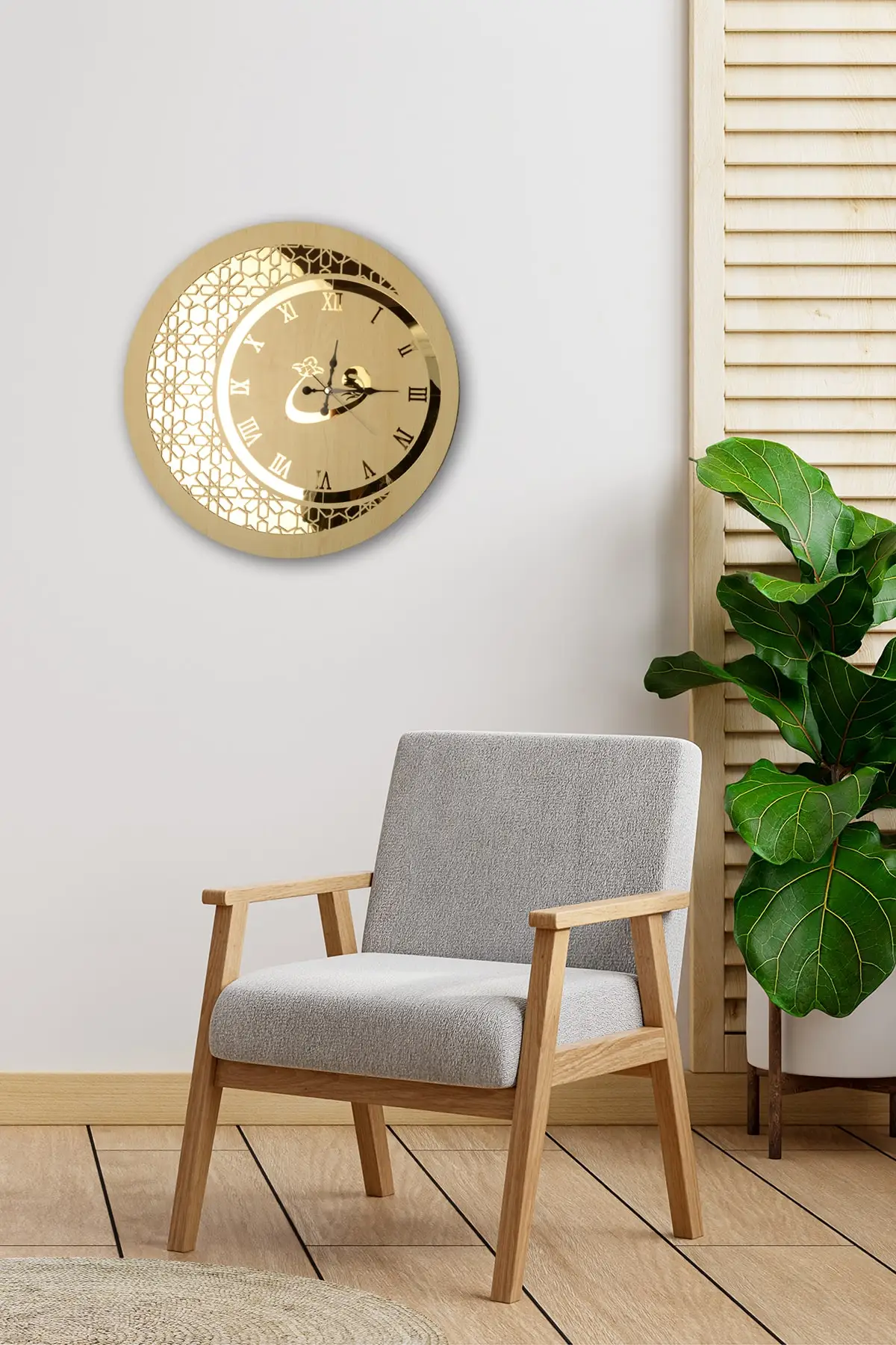 Wooden And Mirrored Vav Motif Wall Clock 50 cm Gold Colors Silent Europe Model Modern Design Wall Clock Suitable For office