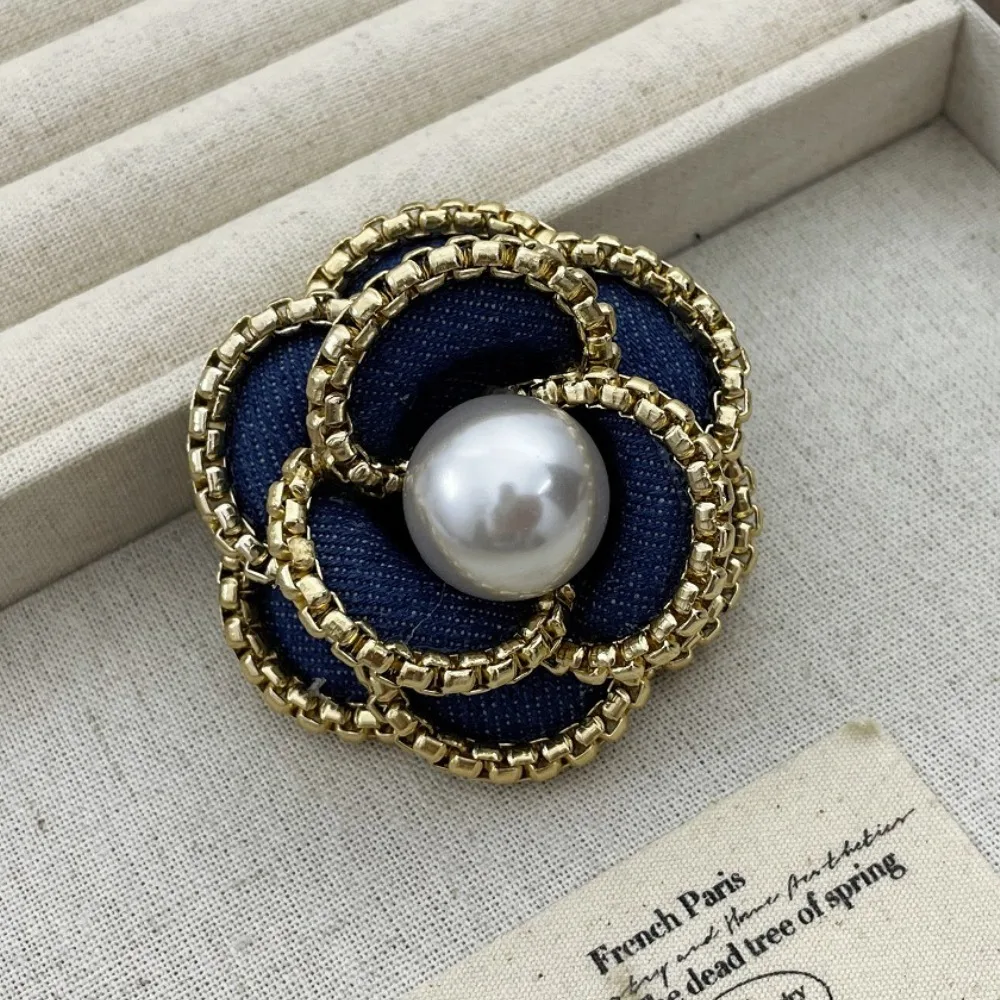

Korean Fabric Camellia Pearl Brooch Denim Rose Flower Lapel Pins Fashion Accessories for Women Trendy Jewelry Gifts