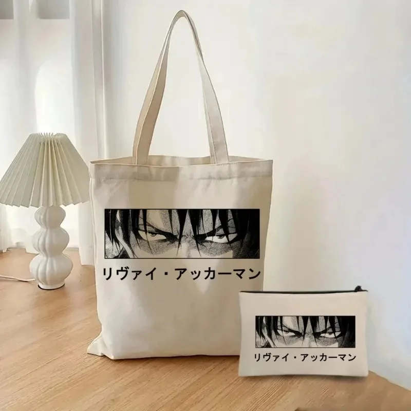 2 unids/set Attack on Titan bolso de moda para mujer bolso de cosméticos bolso de lona bolso de compras de viaje de gran capacidad ecológico