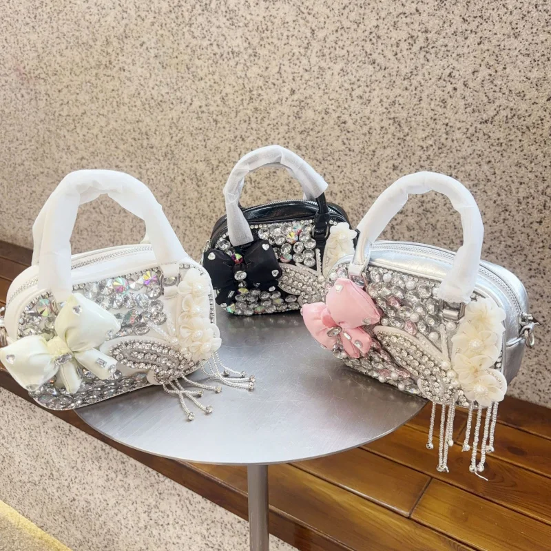 Small round bag with diamond embellishments, new niche casual versatile handbag, shoulder and crossbody bag