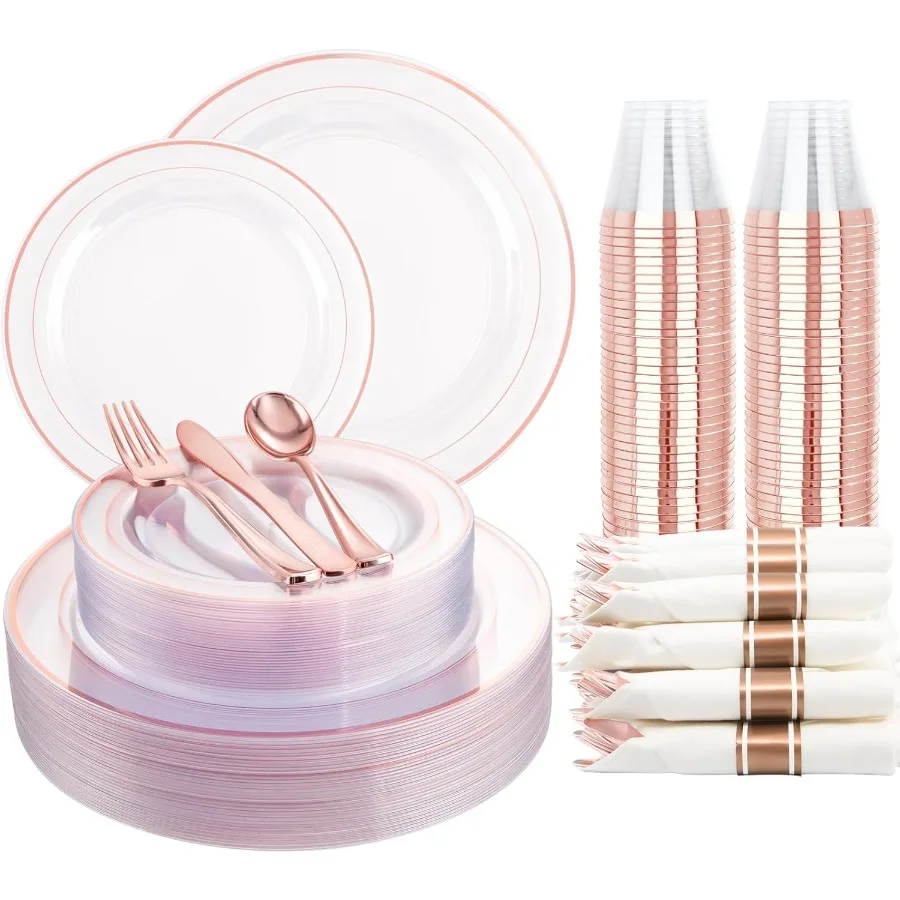 

210 пластиковых тарелок из розового золота со столовым посудом В комплект входит 30 тарелок для ужина и десертов 7,5 дюйма, 30 чашек, 30 салфеток в рулонах с