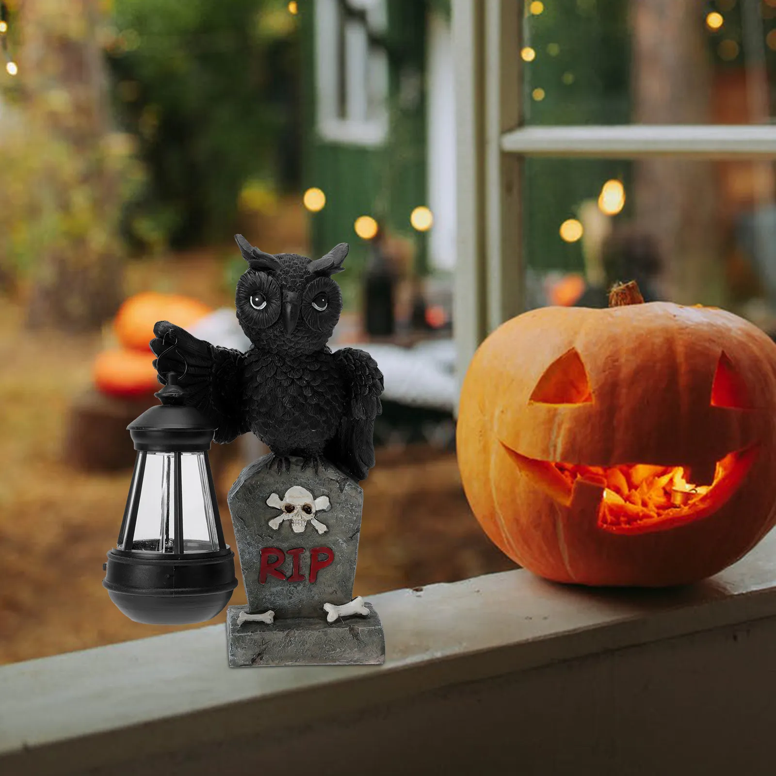1Pcs Halloween Owl Decor Solar Hand Lantern Creative Resin Craft Garden Party Decoration Halloween Owl Adornment