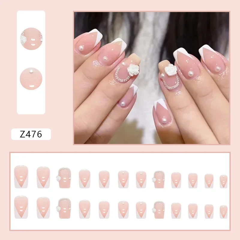 24Pcs/Set Pink Silver Glitter Fake Nail Chips Light Luxury Long Artificial Acrylic Press on Nail Stick Wearing False Nails Tips