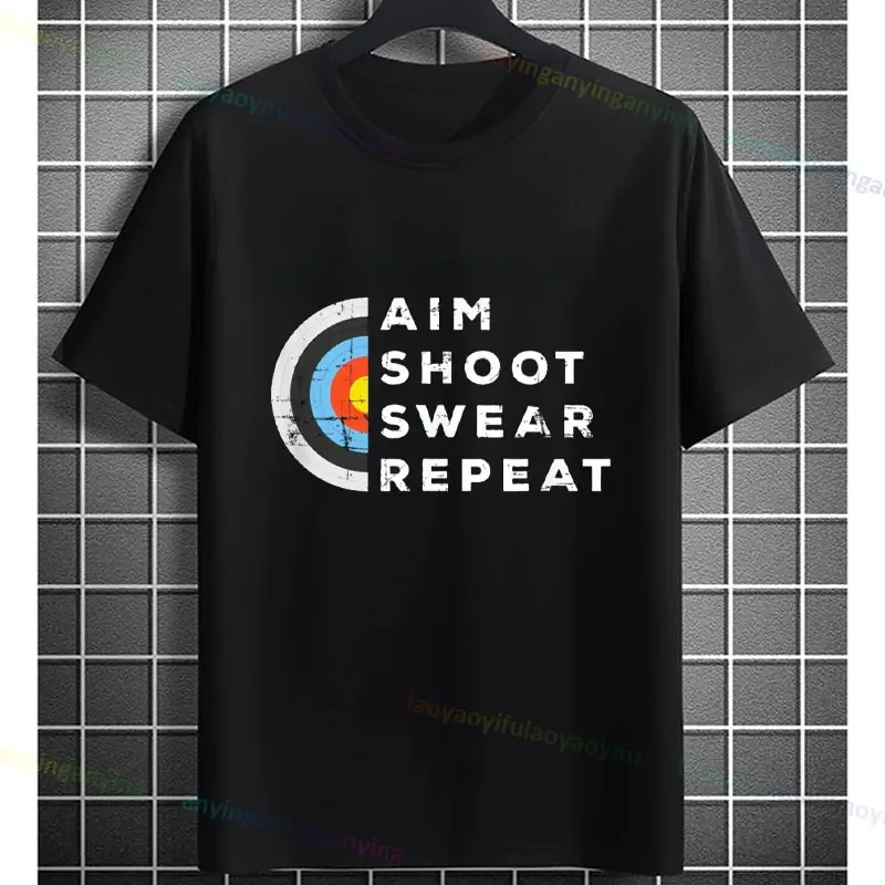 Aim Shoot Swear Repeat Archery Archers Funny Slogan T-Shirt   Pure Cotto Casual Short-sleev O-neck Tshirt Graphic Tees